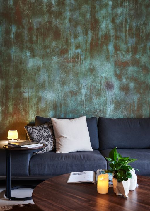 新莊室內設計案例 而客廳沙發背牆的部份，我們採用義大利的特殊塗裝